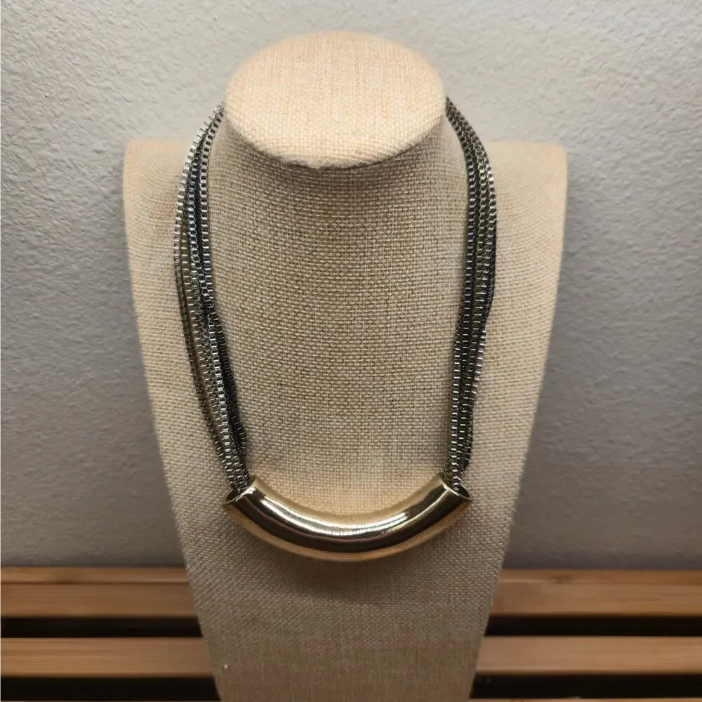 Vintage Lydell NYC Multi Strand Statement Necklace Two Tone Silver Gold Mesh